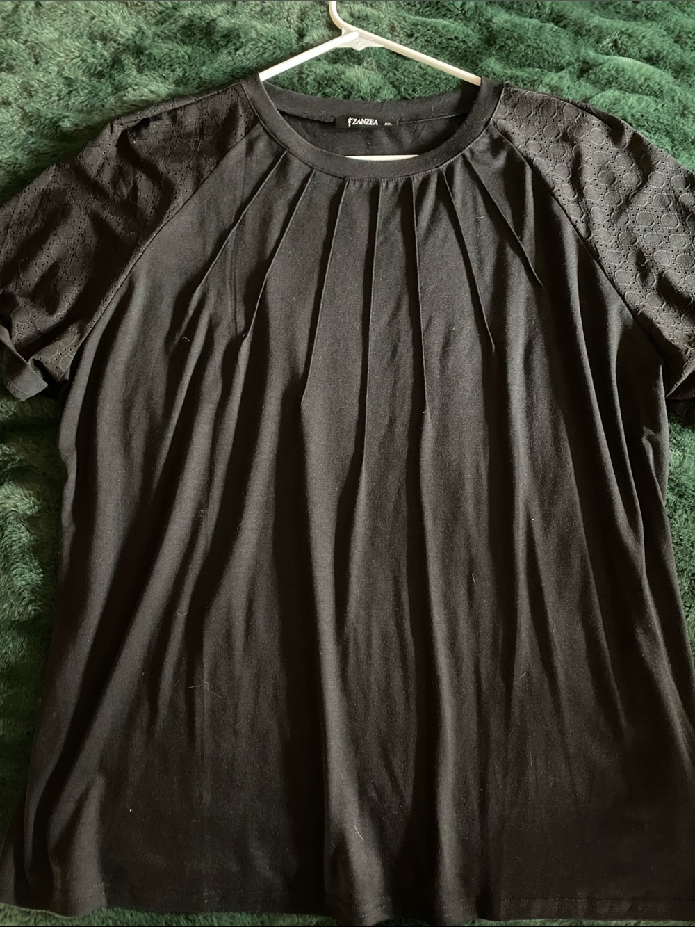 Zanzea Black Short Sleeve Pleated Tee with Eyelet Shoulders